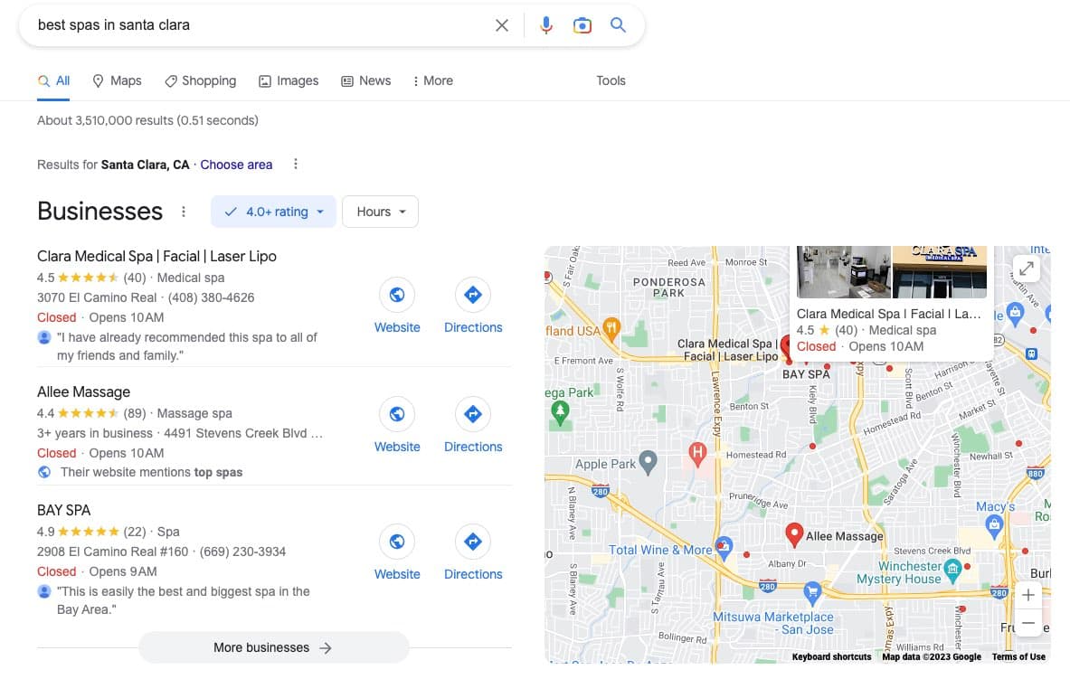 SEO trends, local SEO - example of Google SERP for spas in Santa Clara.